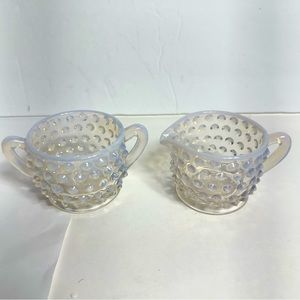Vintage Fenton Mini Opalescent Hobnail Creamer and Sugar Bowl. Moonstone